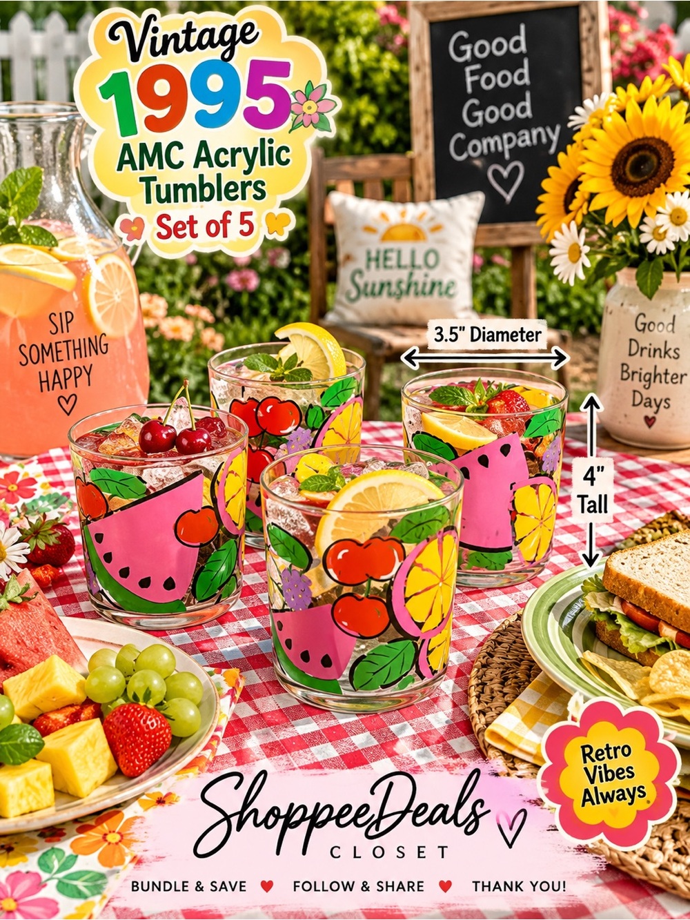 Vintage 1995 AMC Fruit Print Acrylic Tumblers Set of 5